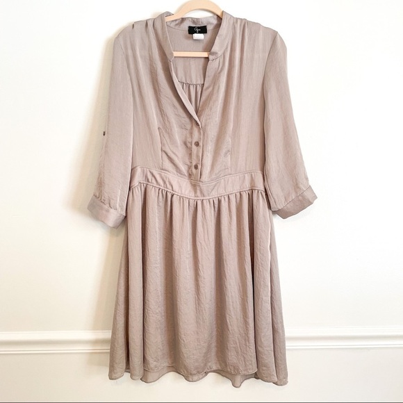 Aqua Satin Button Front Fit & Flare Dress Taupe L - Picture 5 of 11